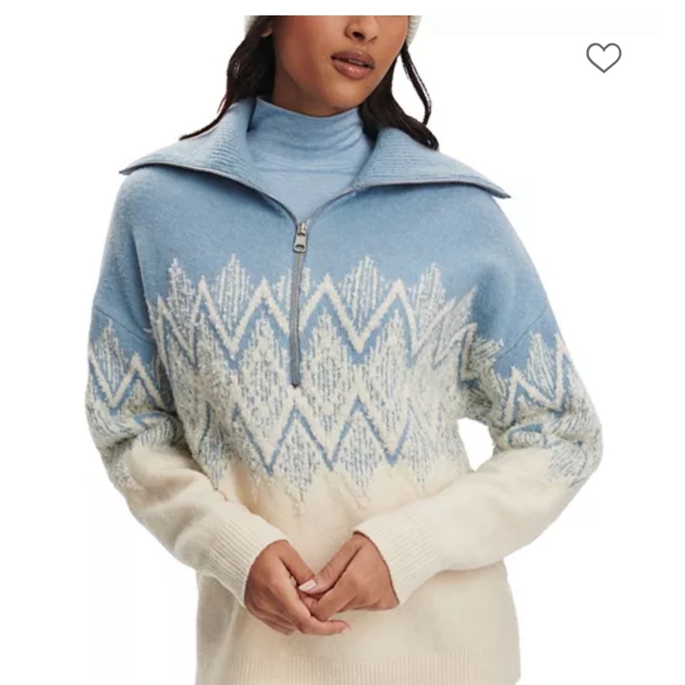 Varley Blue and Cream Patterned Turtleneck Sweater